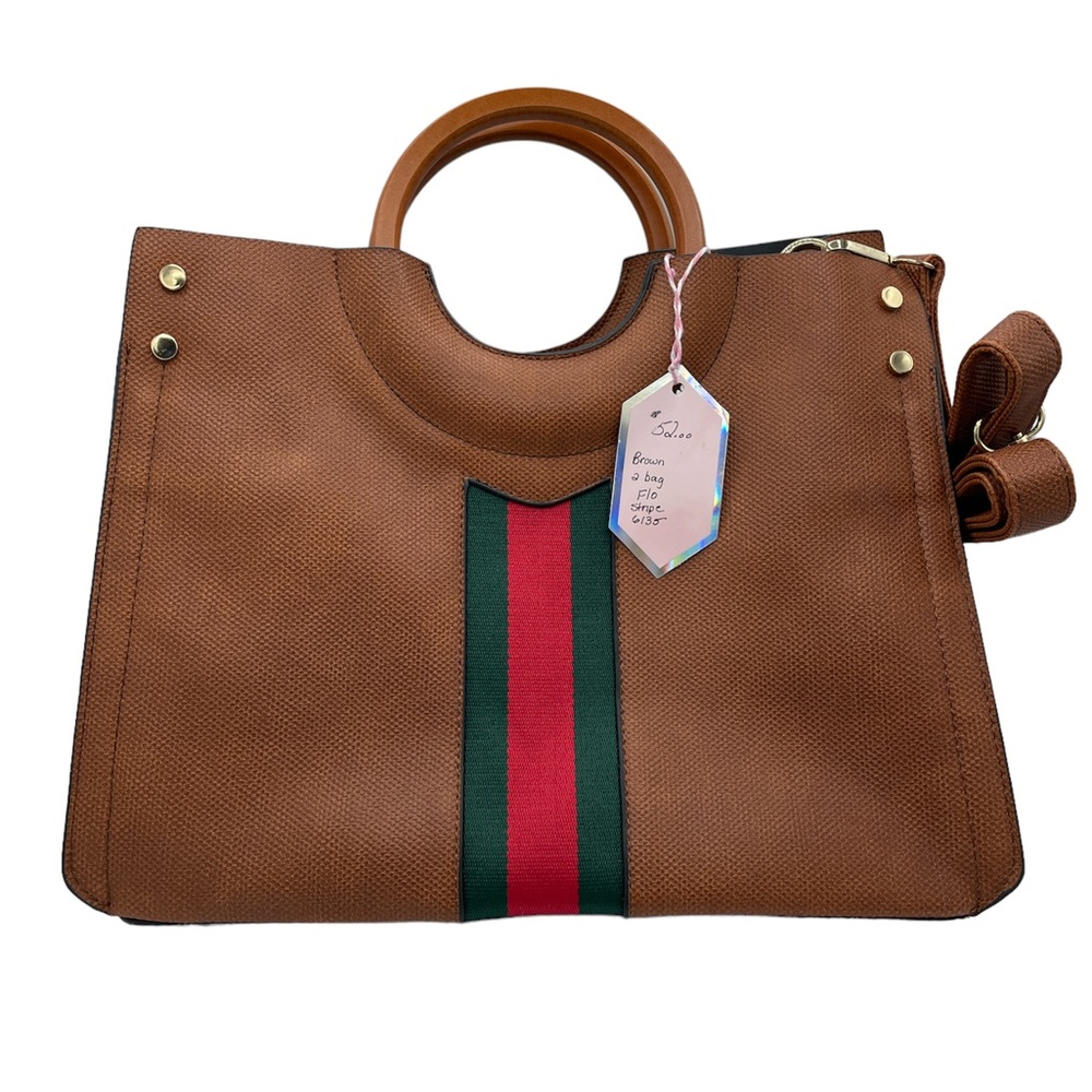 COPY - Green and Red Stripe Wooden Handle Bag